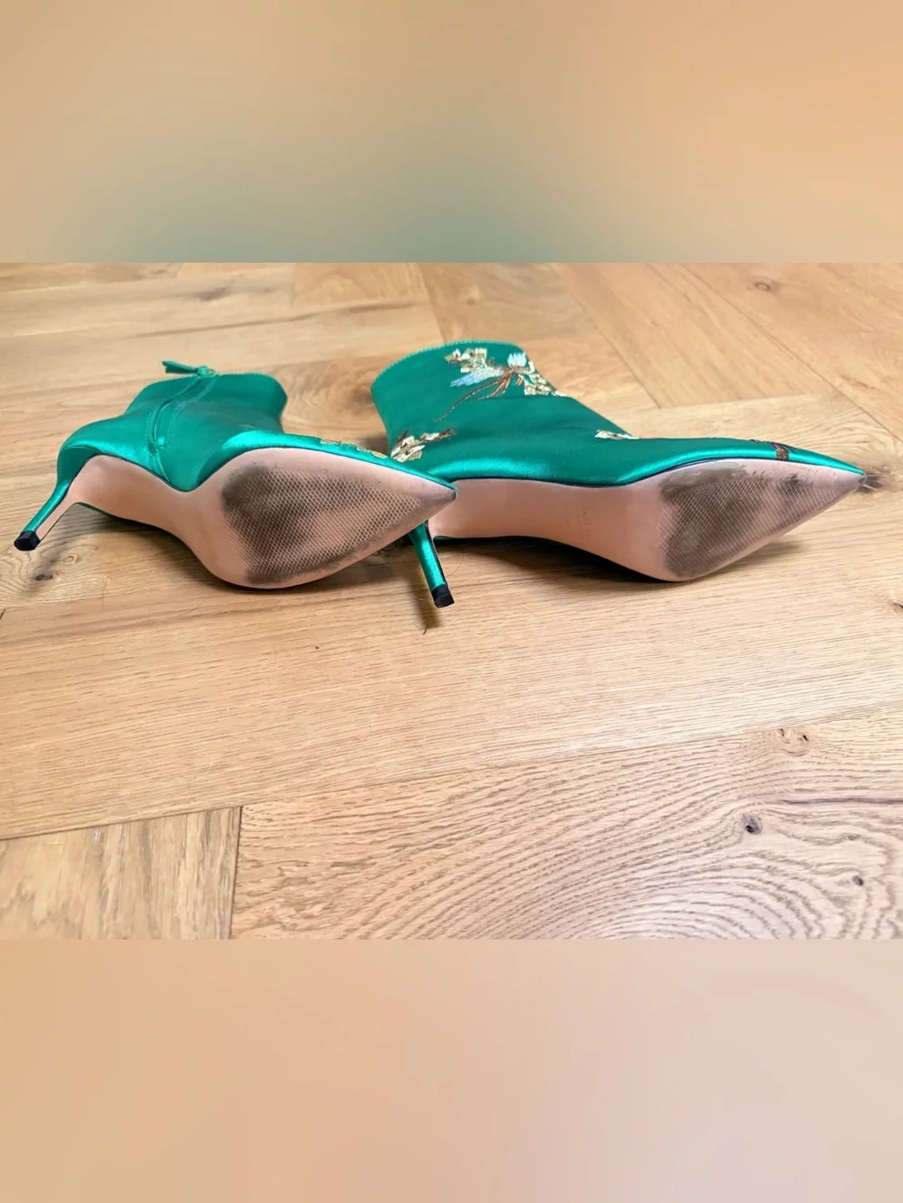 Zara Emerald Green Satin Embroidered Ankle Boots